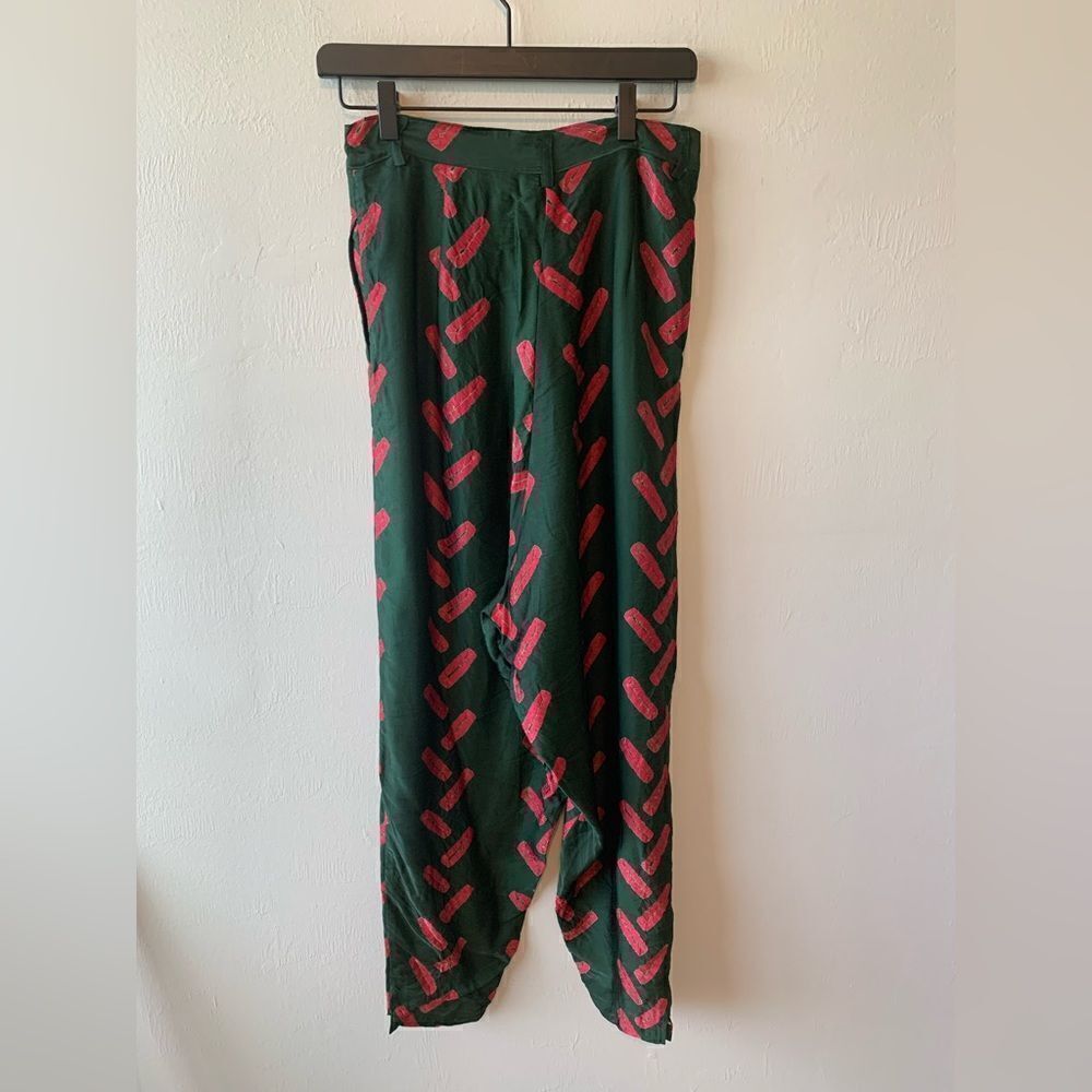NORBLACK NORWHITE Green & Red Graphic Print Silk Tapered Pants Size S - Picture 3 of 8